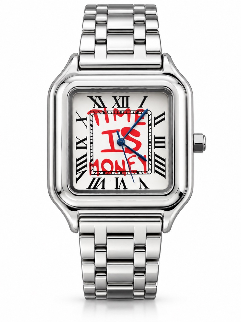 Time Is Money Silver Rectangular Roman Numeral Statement Watch